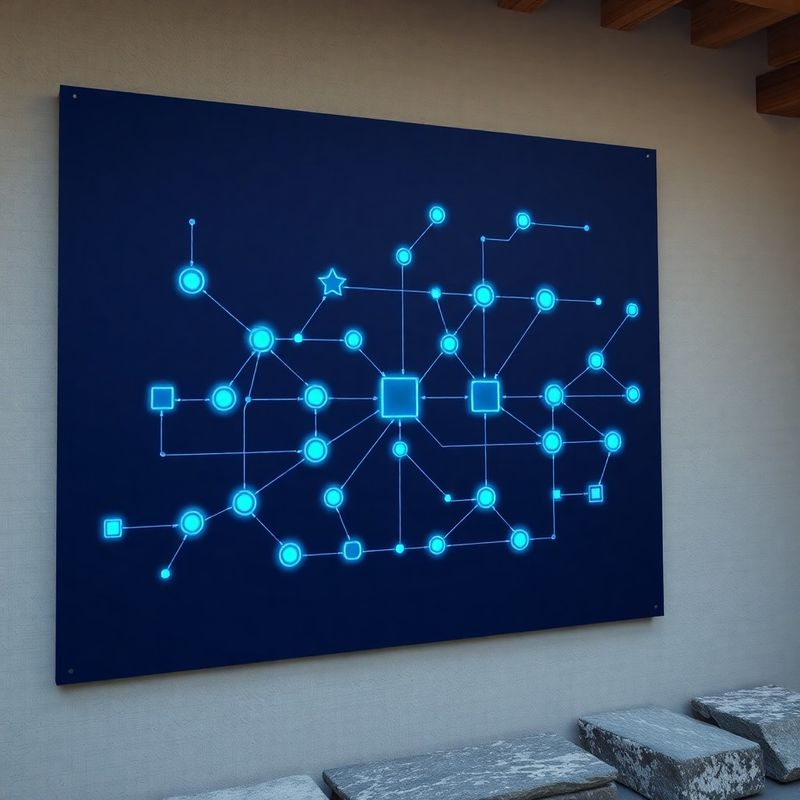 Data-viz diagram povezanih algoritmičnih vozlišč v indigo slogu